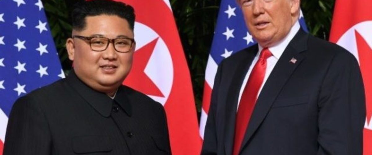 Chairman Kim Jong Un of the socialist Democratic Peoples Republic of Korea (DPRK) with Donald Trump.